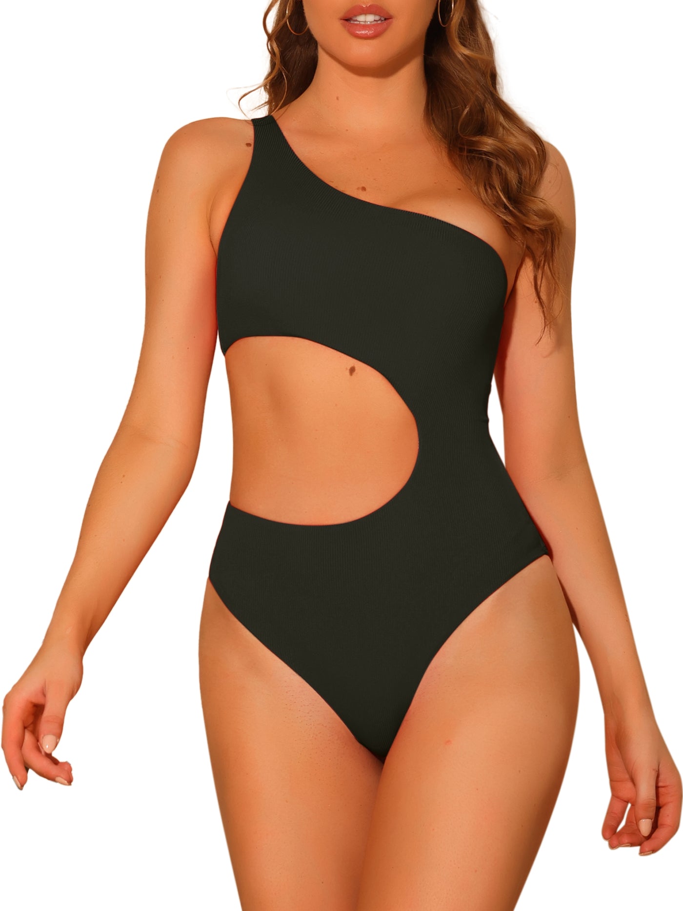 Bublédon Women's One-Piece One Shoulder Swimsuit, Asymmetric Waist Cutout Solid Swimwear Bathing Suit Monokini