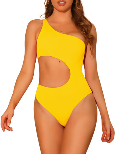 Women's One-Piece One Shoulder Swimsuit, Asymmetric Waist Cutout Solid Swimwear Bathing Suit Monokini