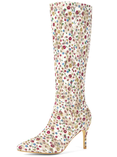 Bublédon Sparkle Glitter Sequin Lace Stiletto Heel Knee High Boots for Women