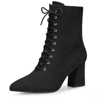 Pointed Toe Lace Up Chunky Heel Ankle Boots for Women