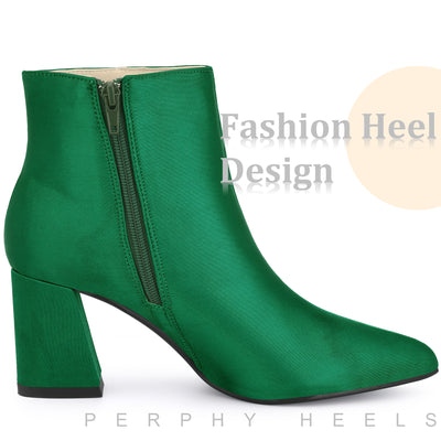 Pointed Toe Satin Chunky Heel Ankle Boots for Women