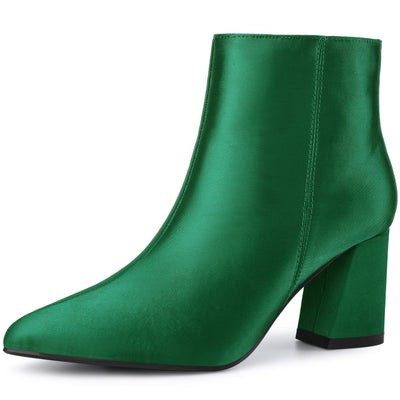 Pointed Toe Satin Chunky Heel Ankle Boots for Women