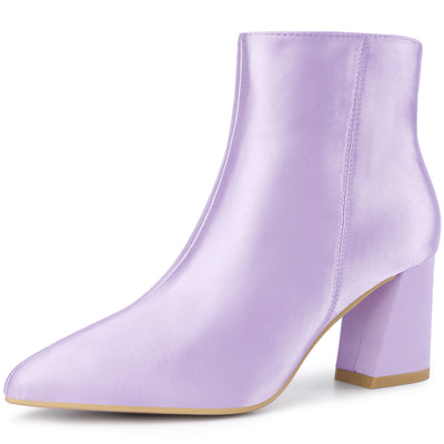 Pointed Toe Satin Chunky Heel Ankle Boots for Women