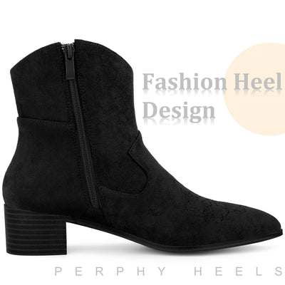 Pointed Toe Chunky Heel Western Ankle Boots for Women