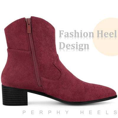 Pointed Toe Chunky Heel Western Ankle Boots for Women