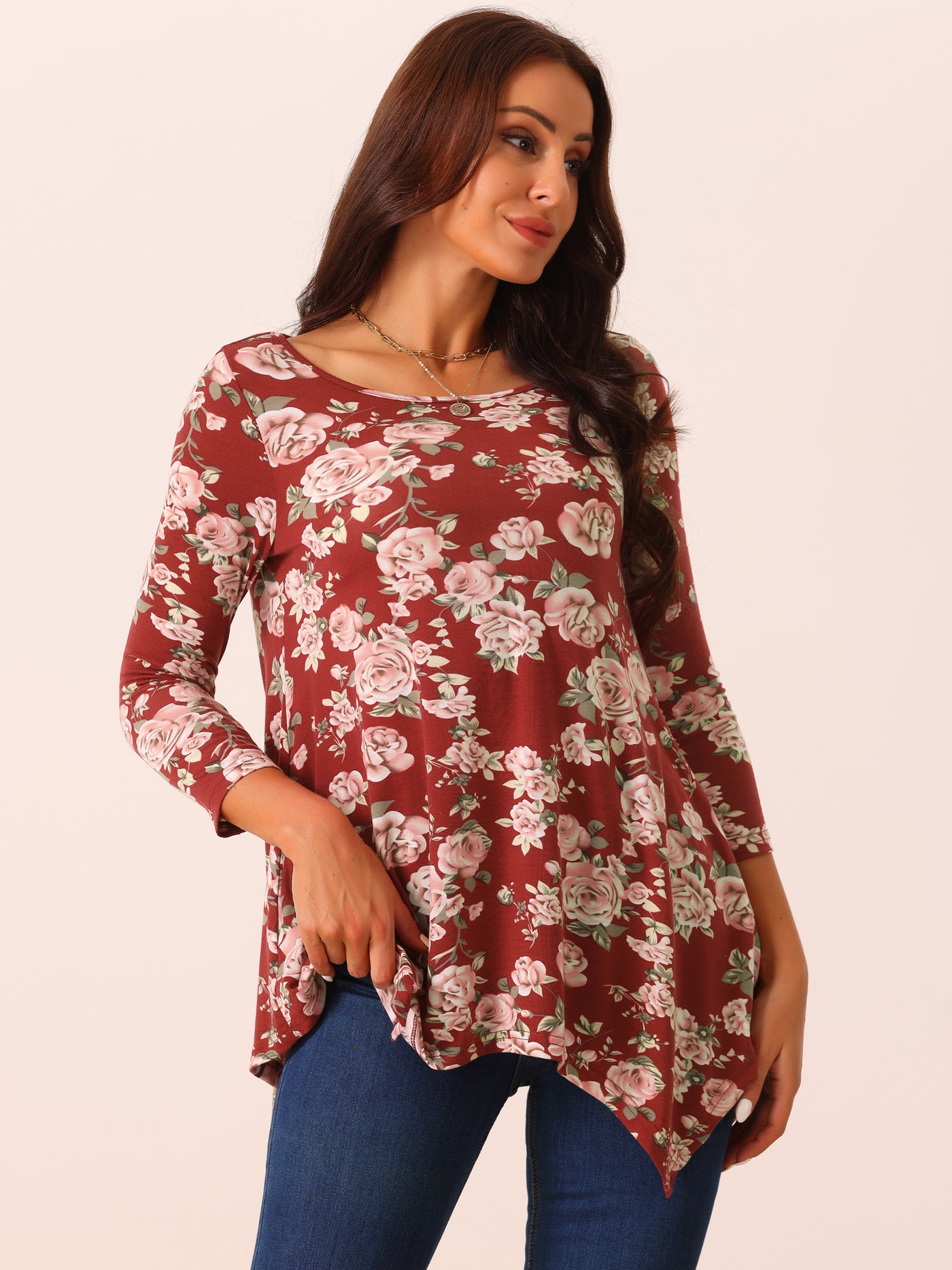 Bublédon Women's Scoop Neck 3/4 Sleeve Asymmetrical Hem Floral Tunic Tops with Pockets