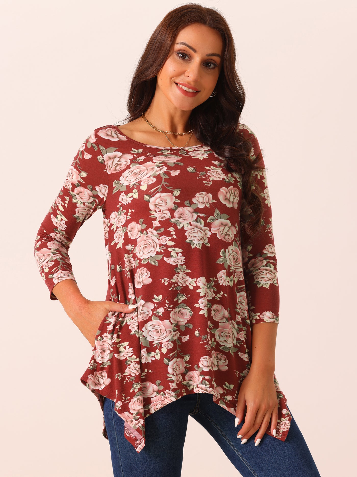 Bublédon Women's Scoop Neck 3/4 Sleeve Asymmetrical Hem Floral Tunic Tops with Pockets