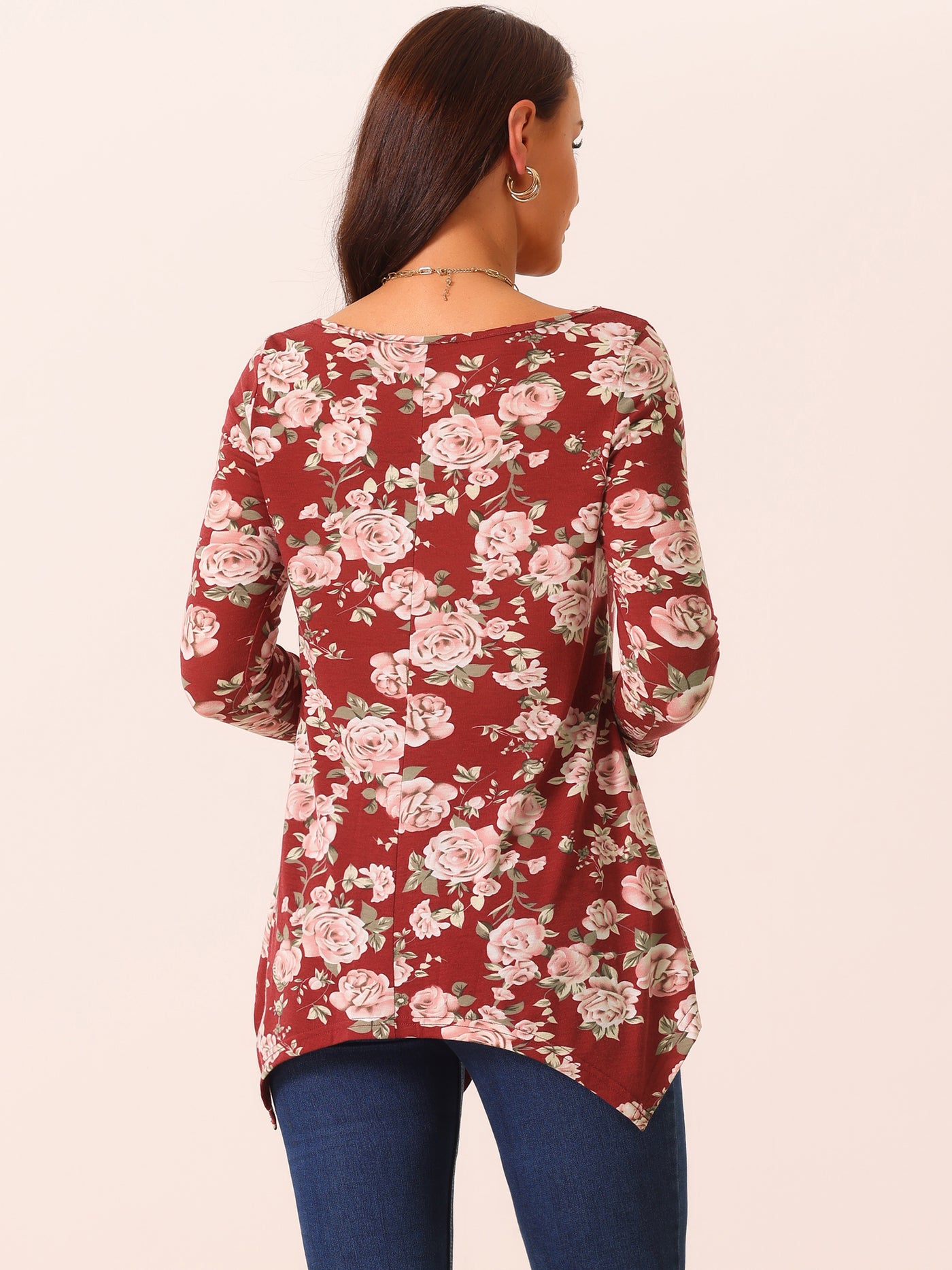 Bublédon Women's Scoop Neck 3/4 Sleeve Asymmetrical Hem Floral Tunic Tops with Pockets