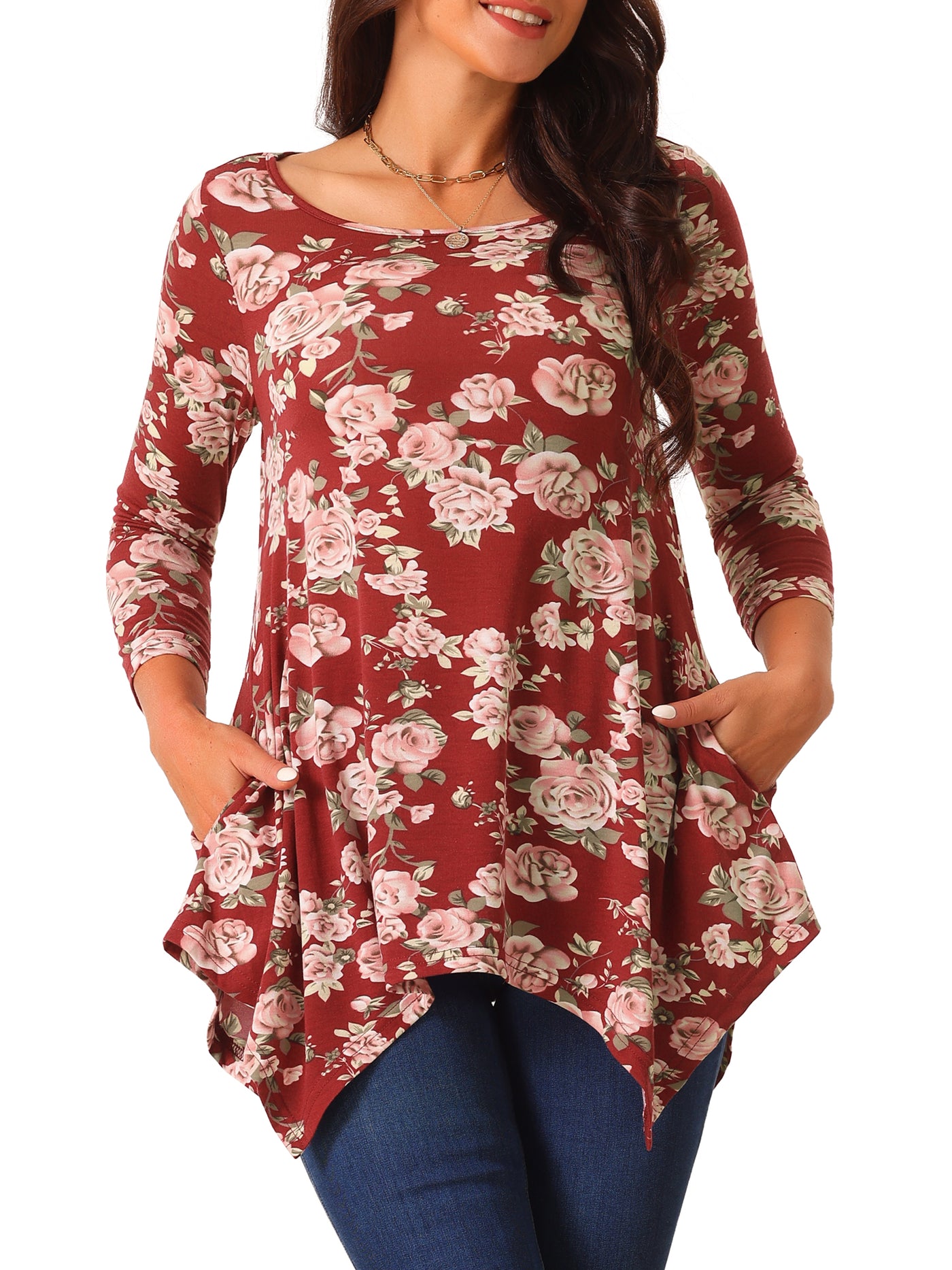 Bublédon Women's Scoop Neck 3/4 Sleeve Asymmetrical Hem Floral Tunic Tops with Pockets