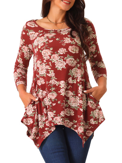 Women's Scoop Neck 3/4 Sleeve Asymmetrical Hem Floral Tunic Tops with Pockets