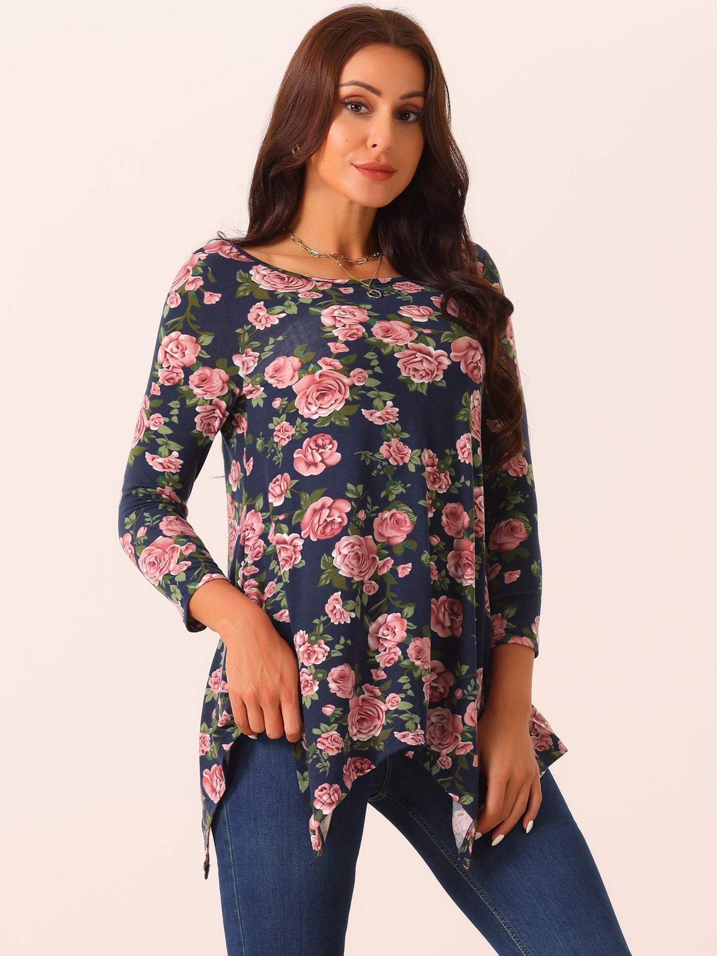 Bublédon Women's Scoop Neck 3/4 Sleeve Asymmetrical Hem Floral Tunic Tops with Pockets