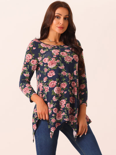 Women's Scoop Neck 3/4 Sleeve Asymmetrical Hem Floral Tunic Tops with Pockets