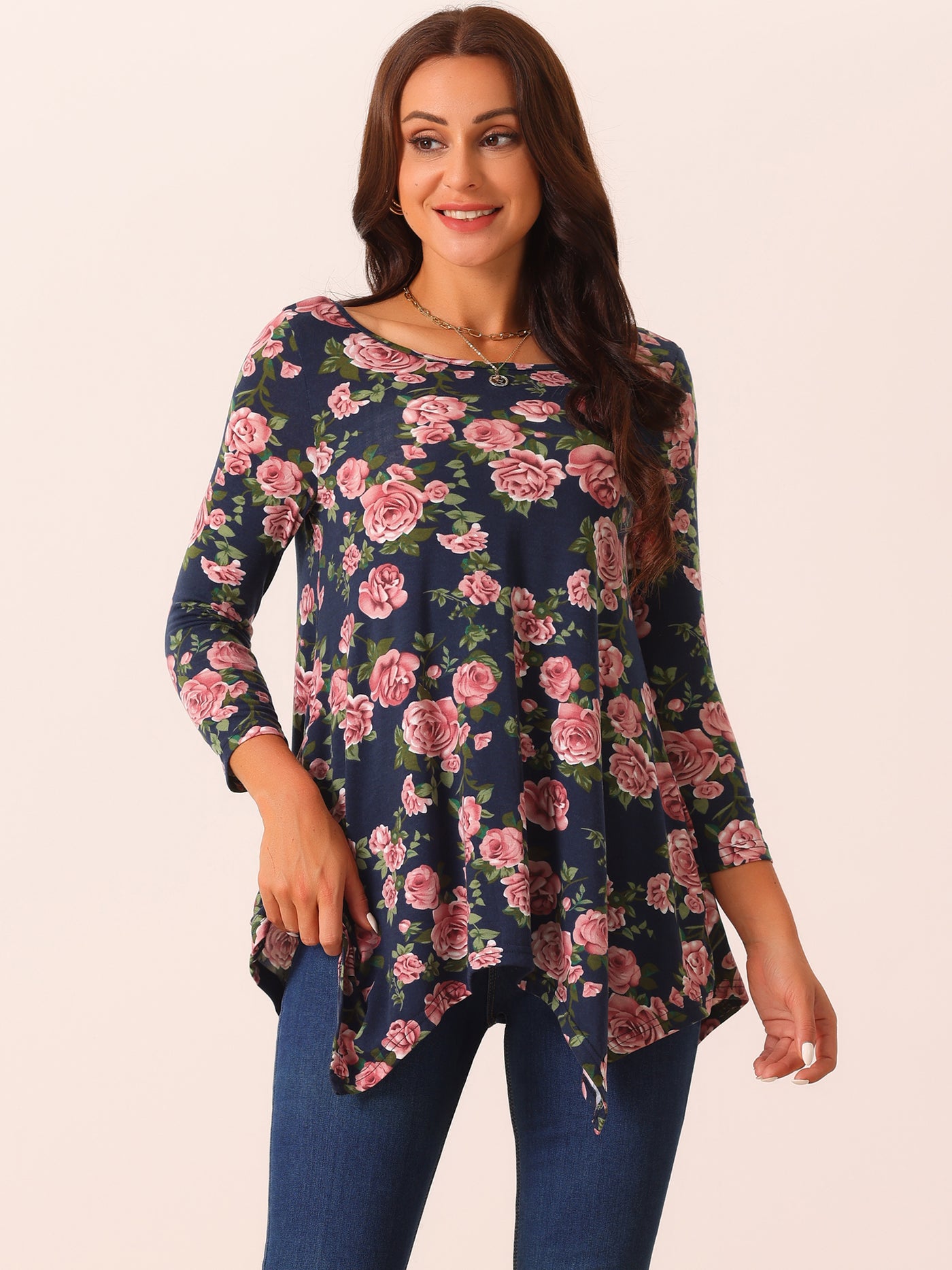 Bublédon Women's Scoop Neck 3/4 Sleeve Asymmetrical Hem Floral Tunic Tops with Pockets