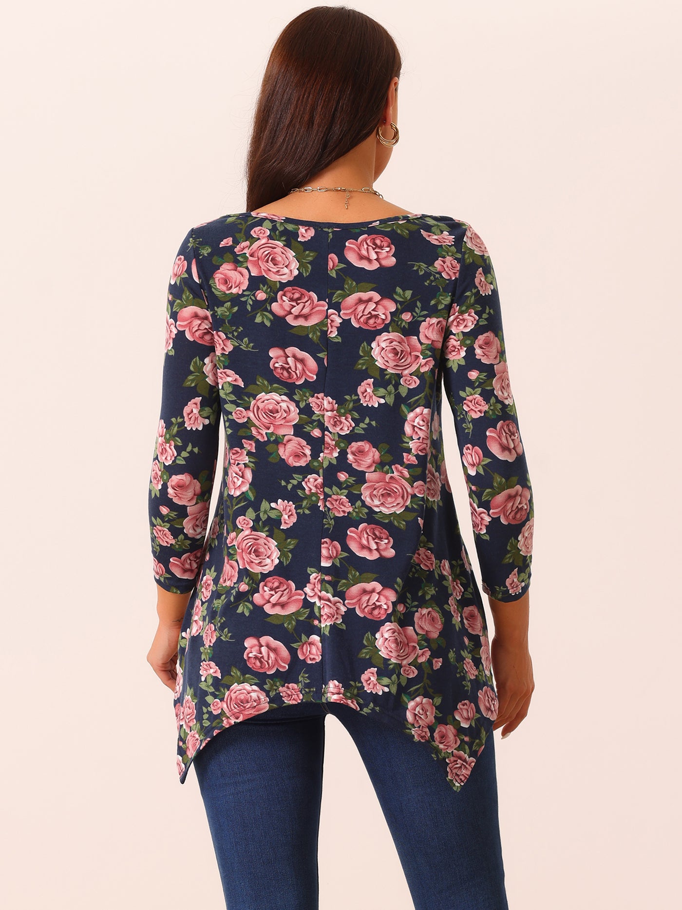 Bublédon Women's Scoop Neck 3/4 Sleeve Asymmetrical Hem Floral Tunic Tops with Pockets