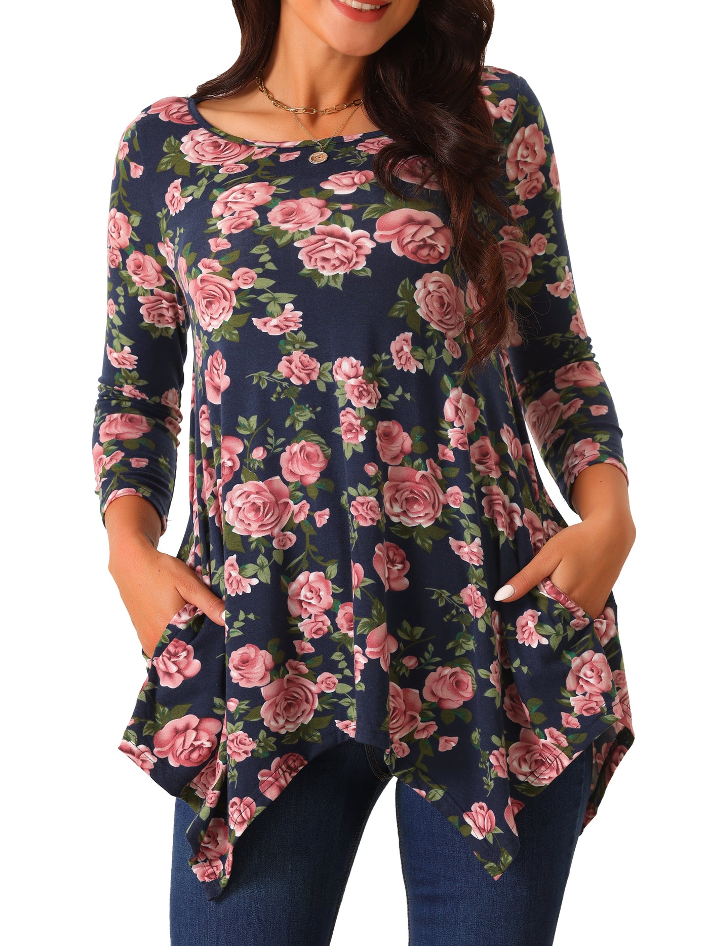 Bublédon Women's Scoop Neck 3/4 Sleeve Asymmetrical Hem Floral Tunic Tops with Pockets