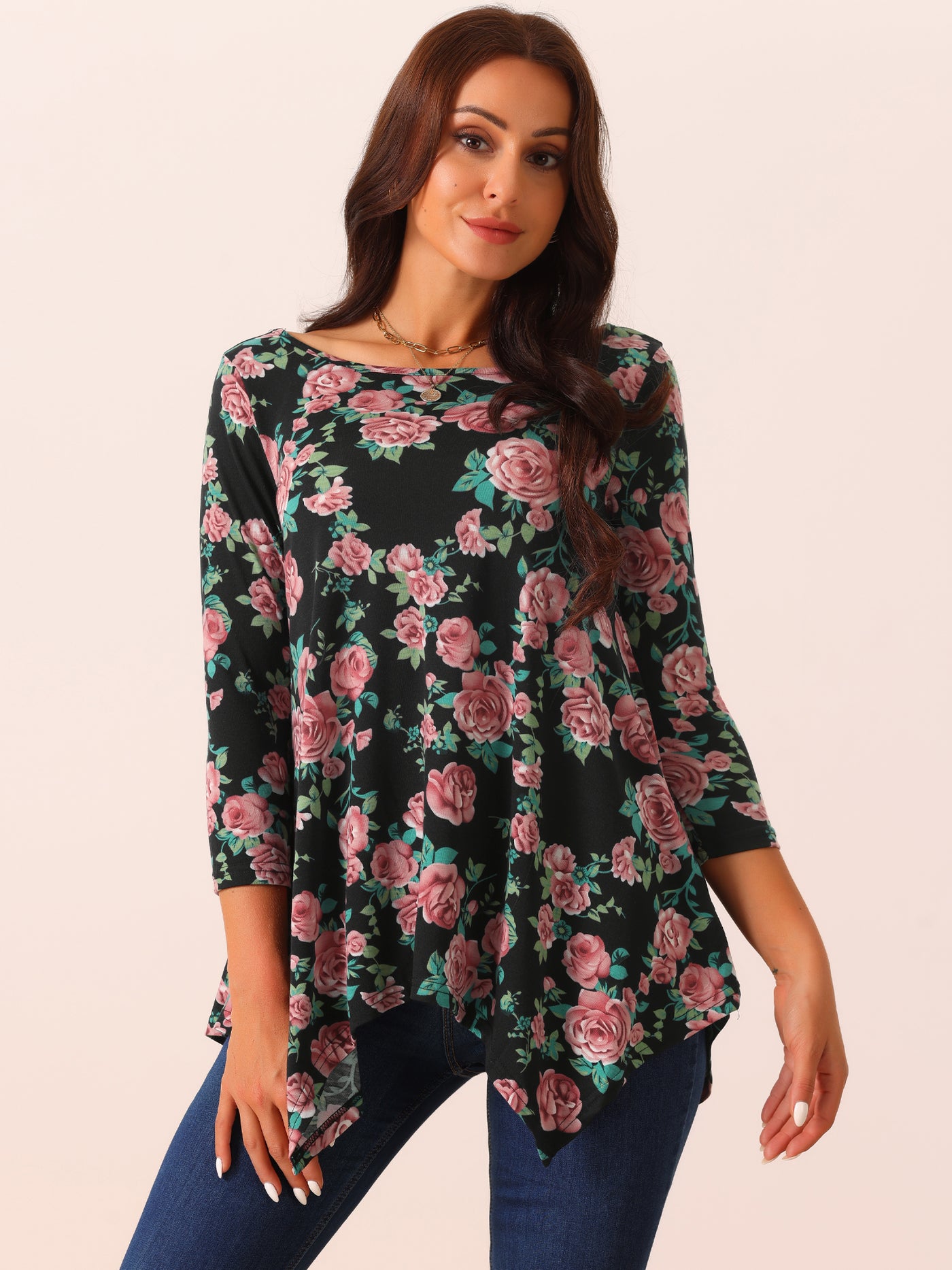 Bublédon Women's Scoop Neck 3/4 Sleeve Asymmetrical Hem Floral Tunic Tops with Pockets