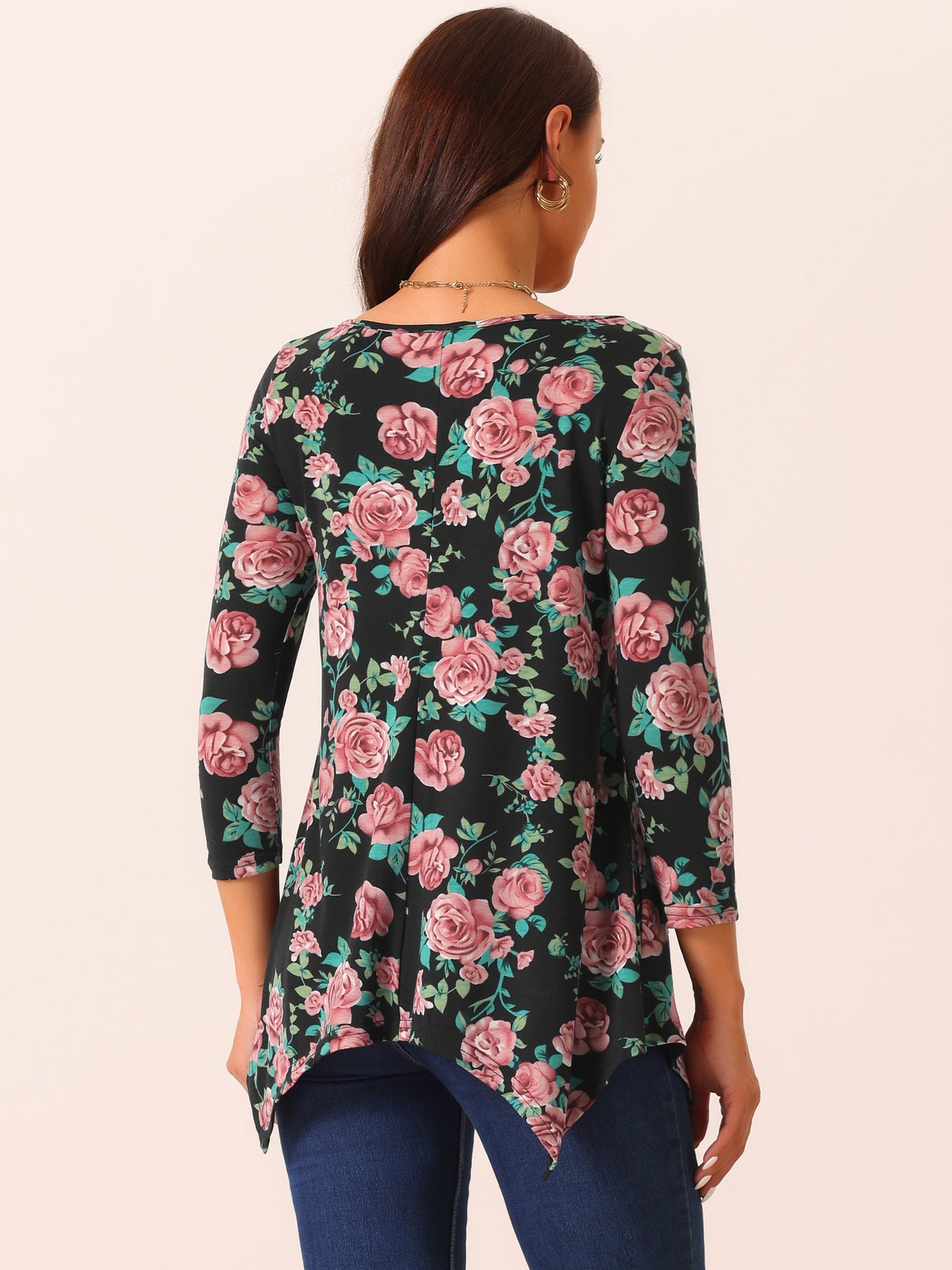 Bublédon Women's Scoop Neck 3/4 Sleeve Asymmetrical Hem Floral Tunic Tops with Pockets