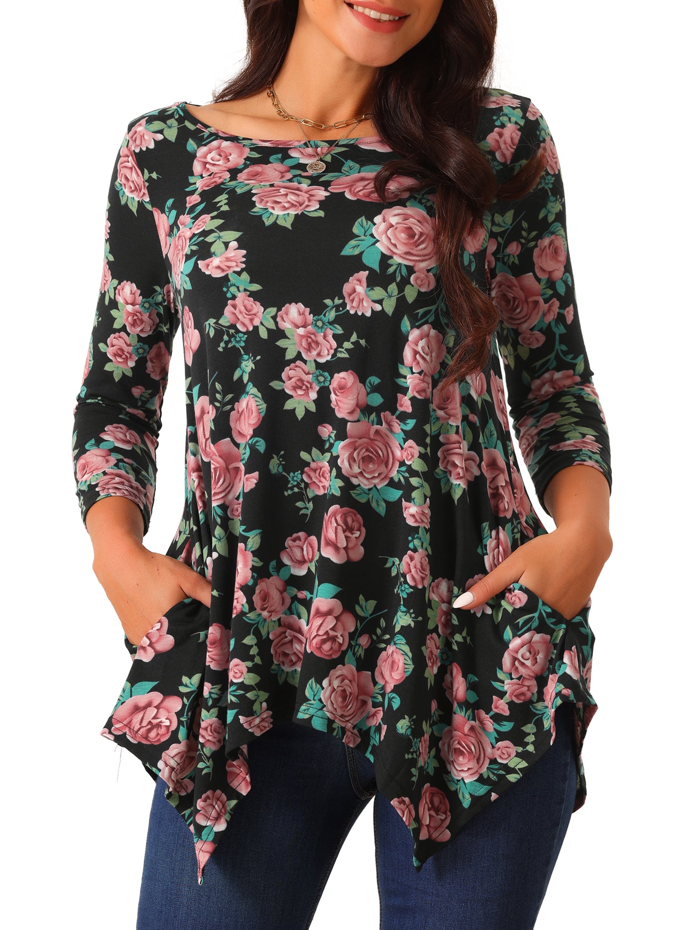 Bublédon Women's Scoop Neck 3/4 Sleeve Asymmetrical Hem Floral Tunic Tops with Pockets