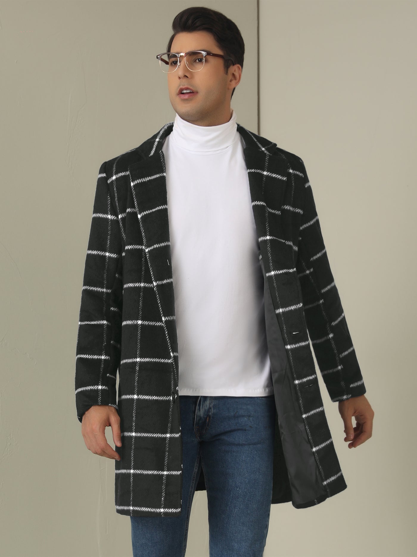 Bublédon Plaid Trench Coat for Men's Color Block Single Breasted Formal Winter Checked Overcoat