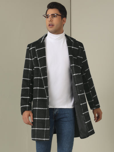 Plaid Trench Coat for Men's Color Block Single Breasted Formal Winter Checked Overcoat