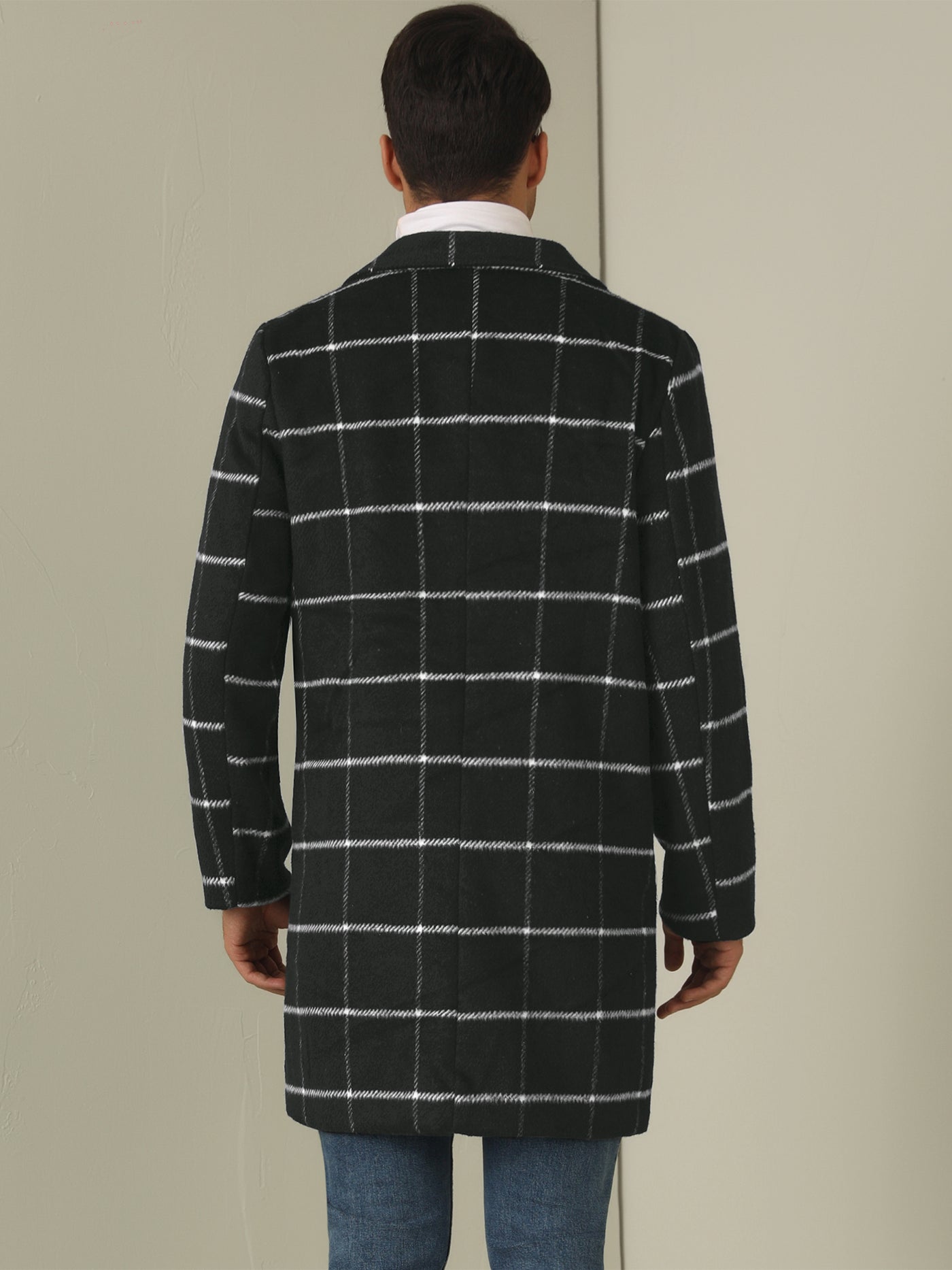 Bublédon Plaid Trench Coat for Men's Color Block Single Breasted Formal Winter Checked Overcoat