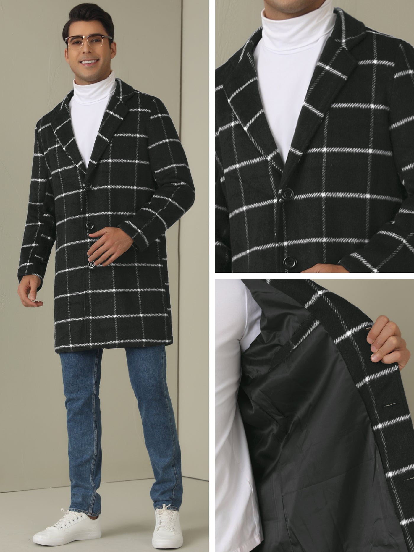 Bublédon Plaid Trench Coat for Men's Color Block Single Breasted Formal Winter Checked Overcoat