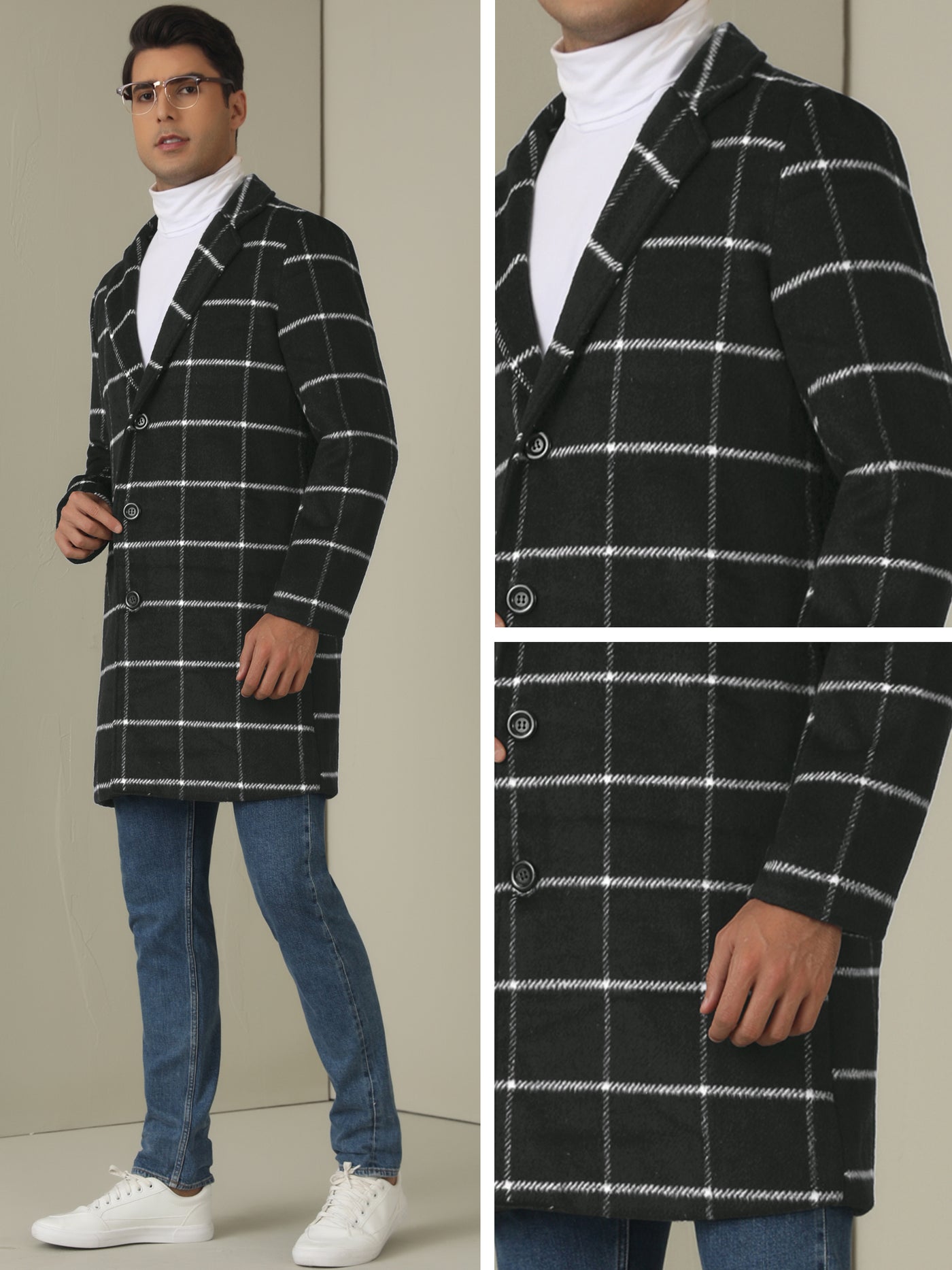 Bublédon Plaid Trench Coat for Men's Color Block Single Breasted Formal Winter Checked Overcoat