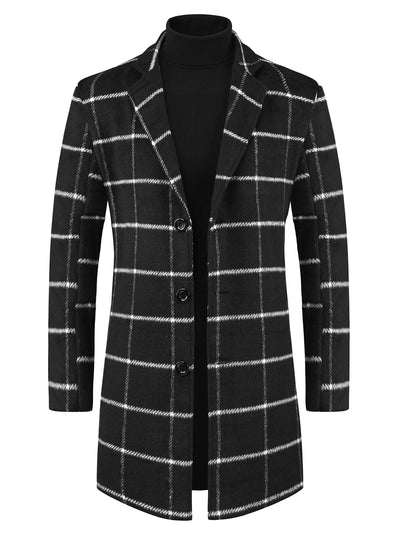 Plaid Trench Coat for Men's Color Block Single Breasted Formal Winter Checked Overcoat