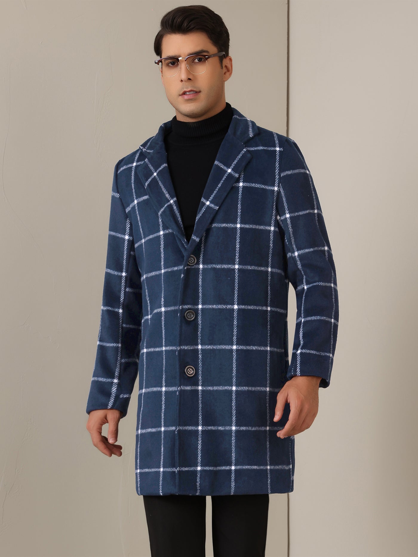 Bublédon Plaid Trench Coat for Men's Color Block Single Breasted Formal Winter Checked Overcoat