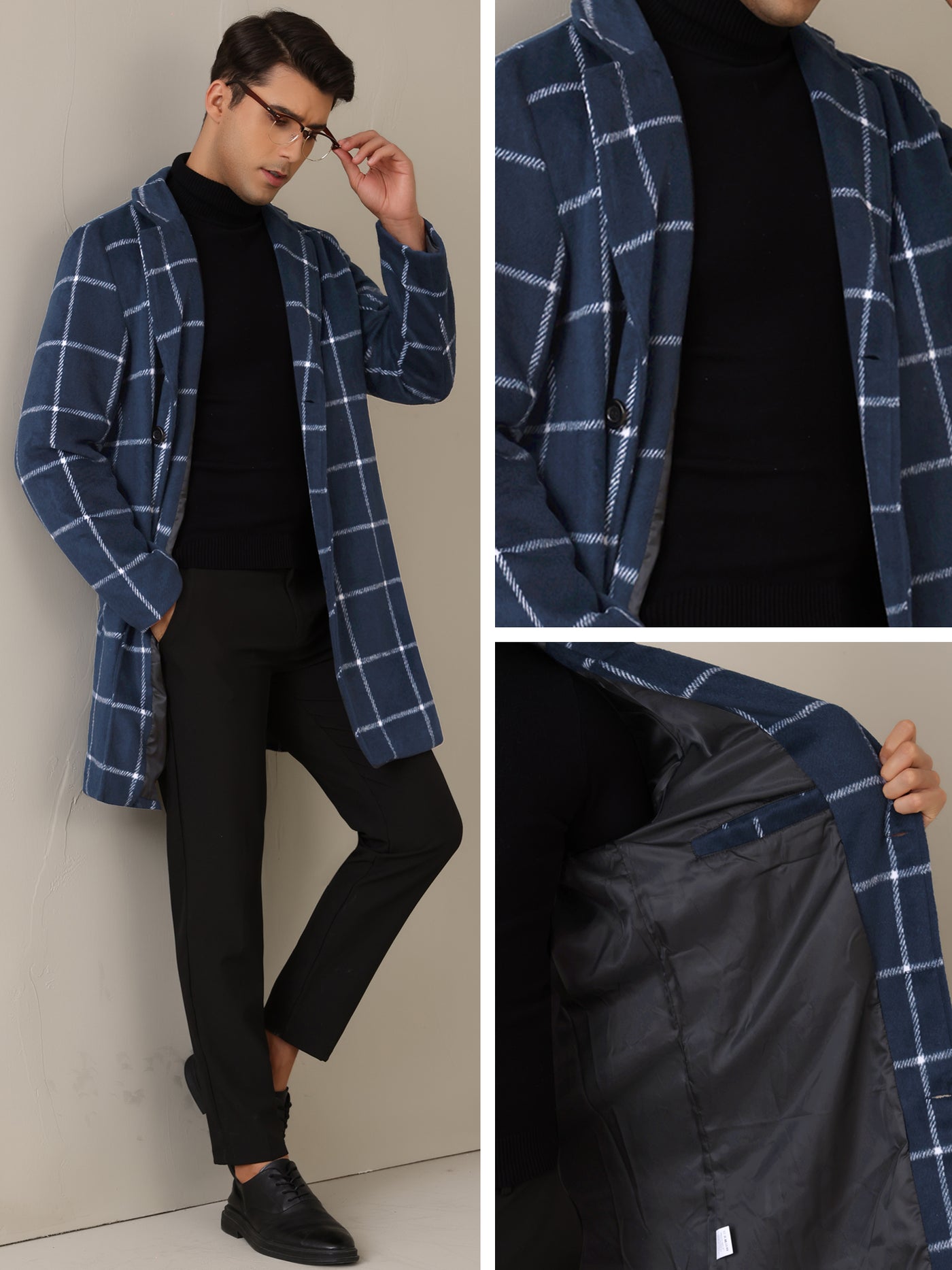 Bublédon Plaid Trench Coat for Men's Color Block Single Breasted Formal Winter Checked Overcoat