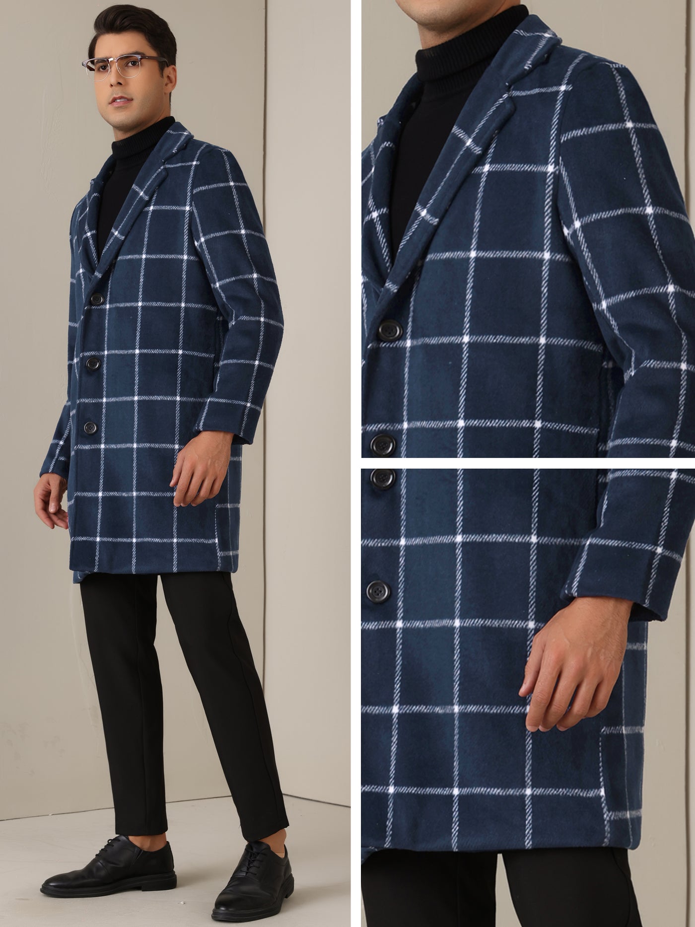 Bublédon Plaid Trench Coat for Men's Color Block Single Breasted Formal Winter Checked Overcoat