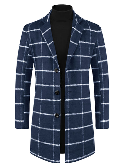 Plaid Trench Coat for Men's Color Block Single Breasted Formal Winter Checked Overcoat