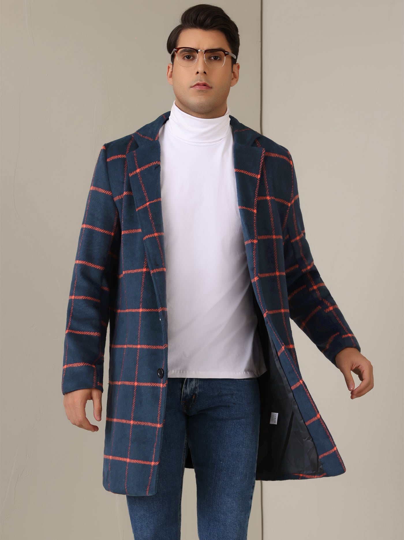 Bublédon Plaid Trench Coat for Men's Color Block Single Breasted Formal Winter Checked Overcoat