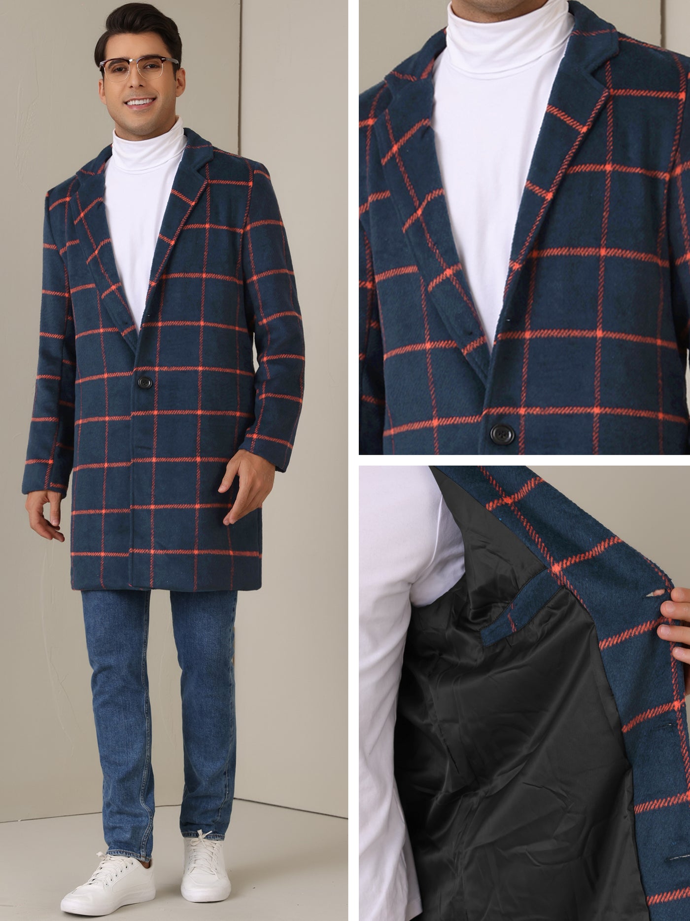 Bublédon Plaid Trench Coat for Men's Color Block Single Breasted Formal Winter Checked Overcoat