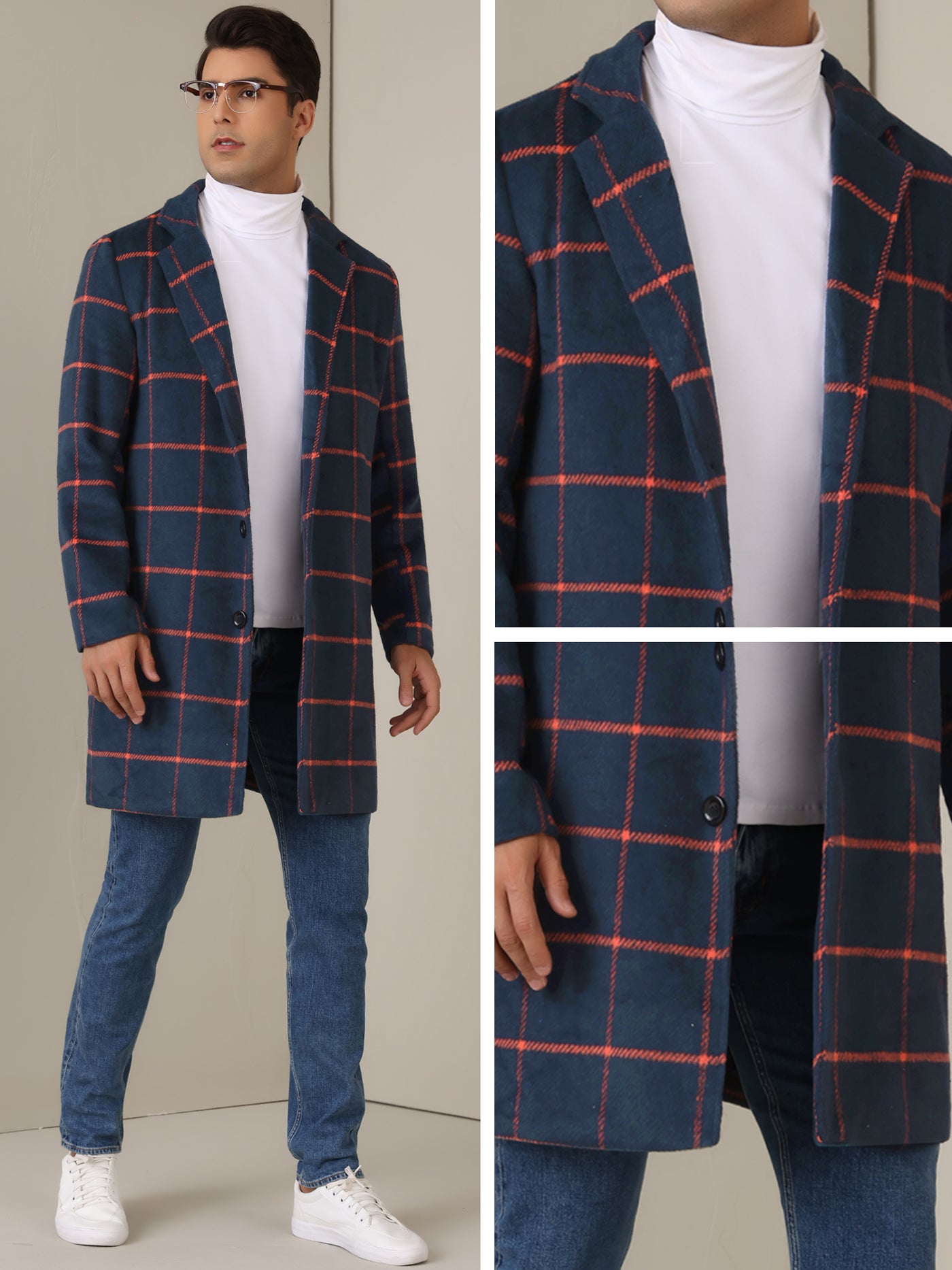 Bublédon Plaid Trench Coat for Men's Color Block Single Breasted Formal Winter Checked Overcoat