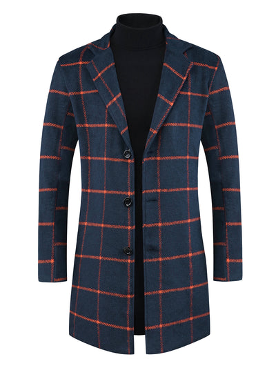 Plaid Trench Coat for Men's Color Block Single Breasted Formal Winter Checked Overcoat