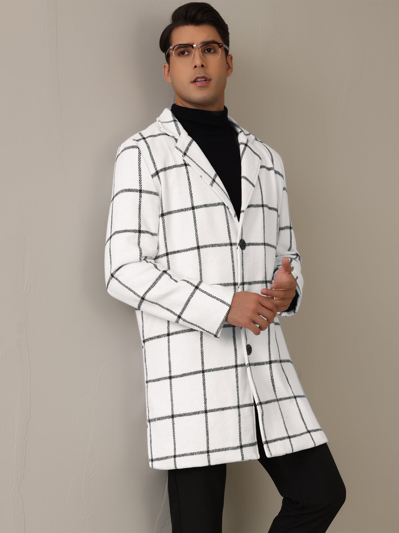 Bublédon Plaid Trench Coat for Men's Color Block Single Breasted Formal Winter Checked Overcoat