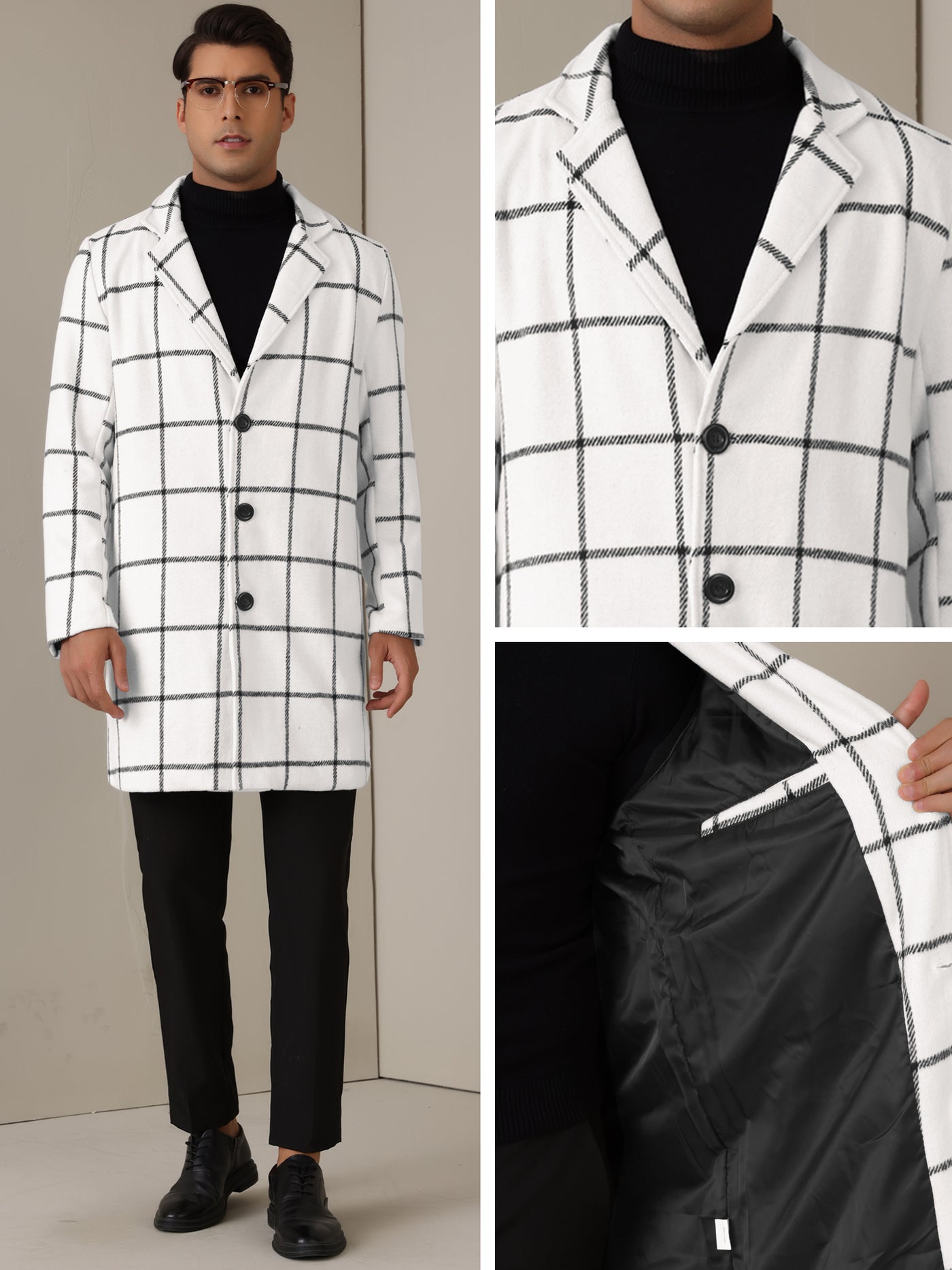 Bublédon Plaid Trench Coat for Men's Color Block Single Breasted Formal Winter Checked Overcoat