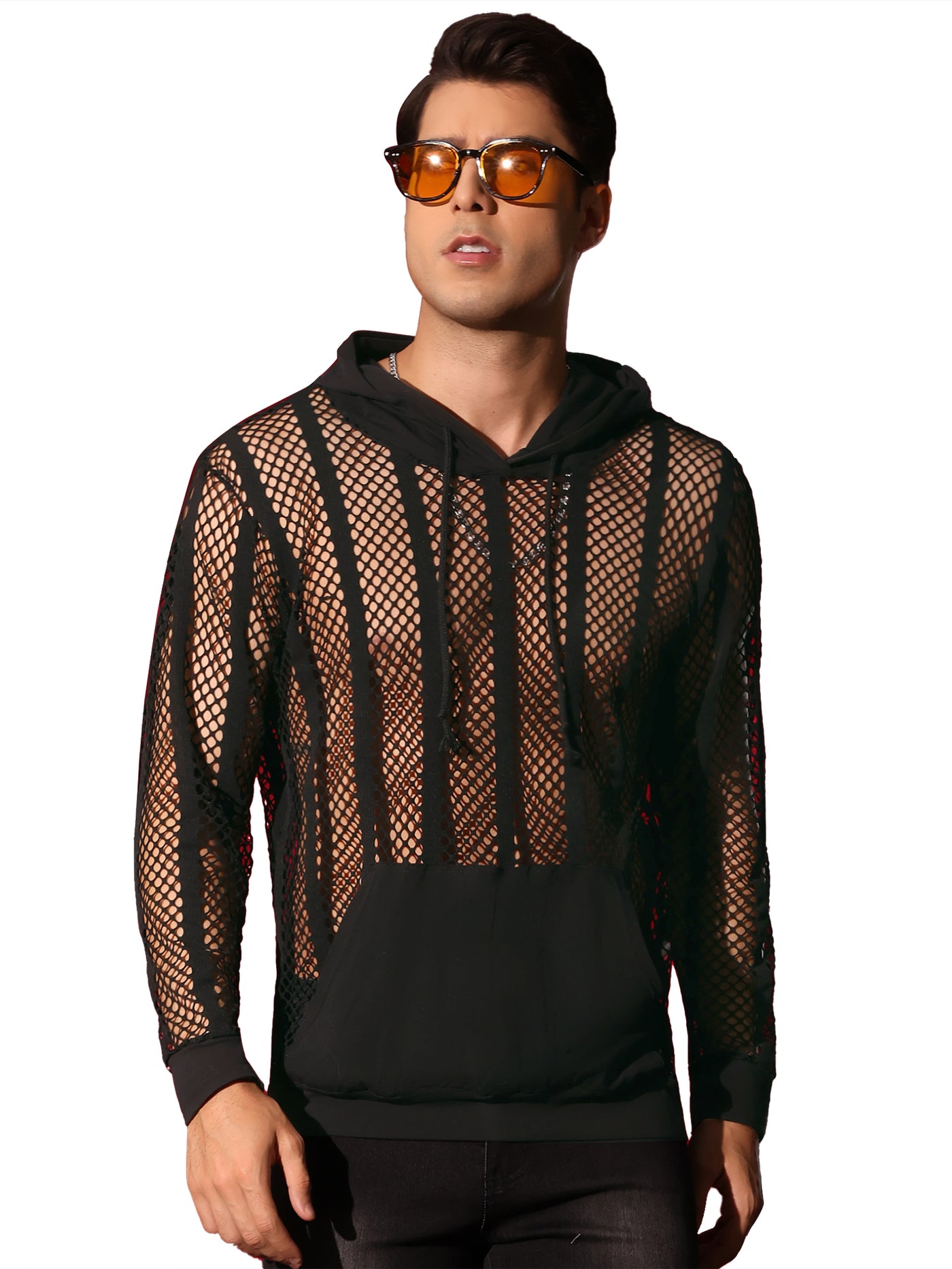 Bublédon Sheer Mesh Hoodies for Men's Long Sleeves See Through Striped Pullover Shirts