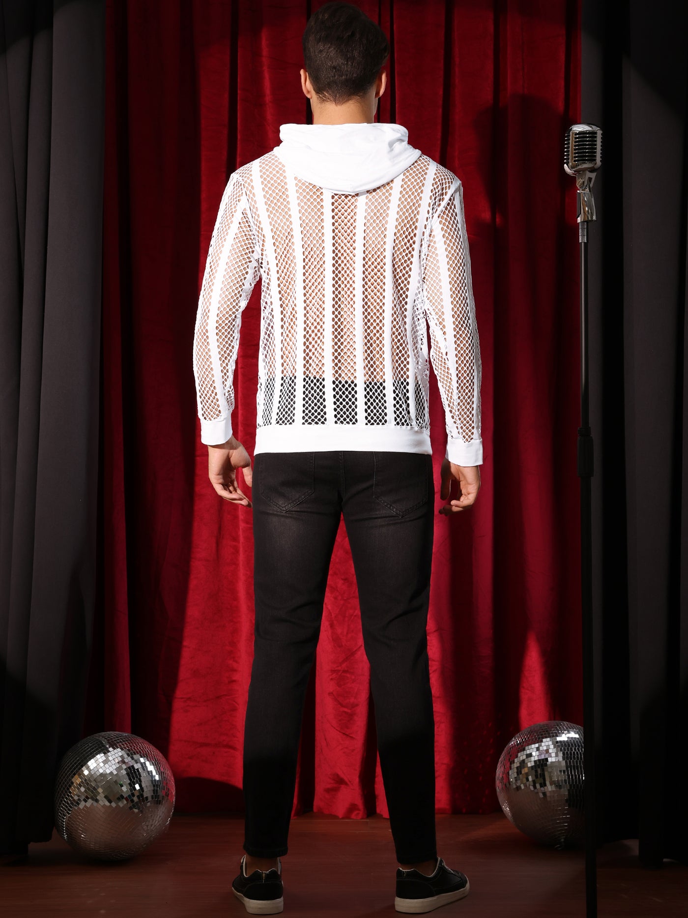 Bublédon Sheer Mesh Hoodies for Men's Long Sleeves See Through Striped Pullover Shirts