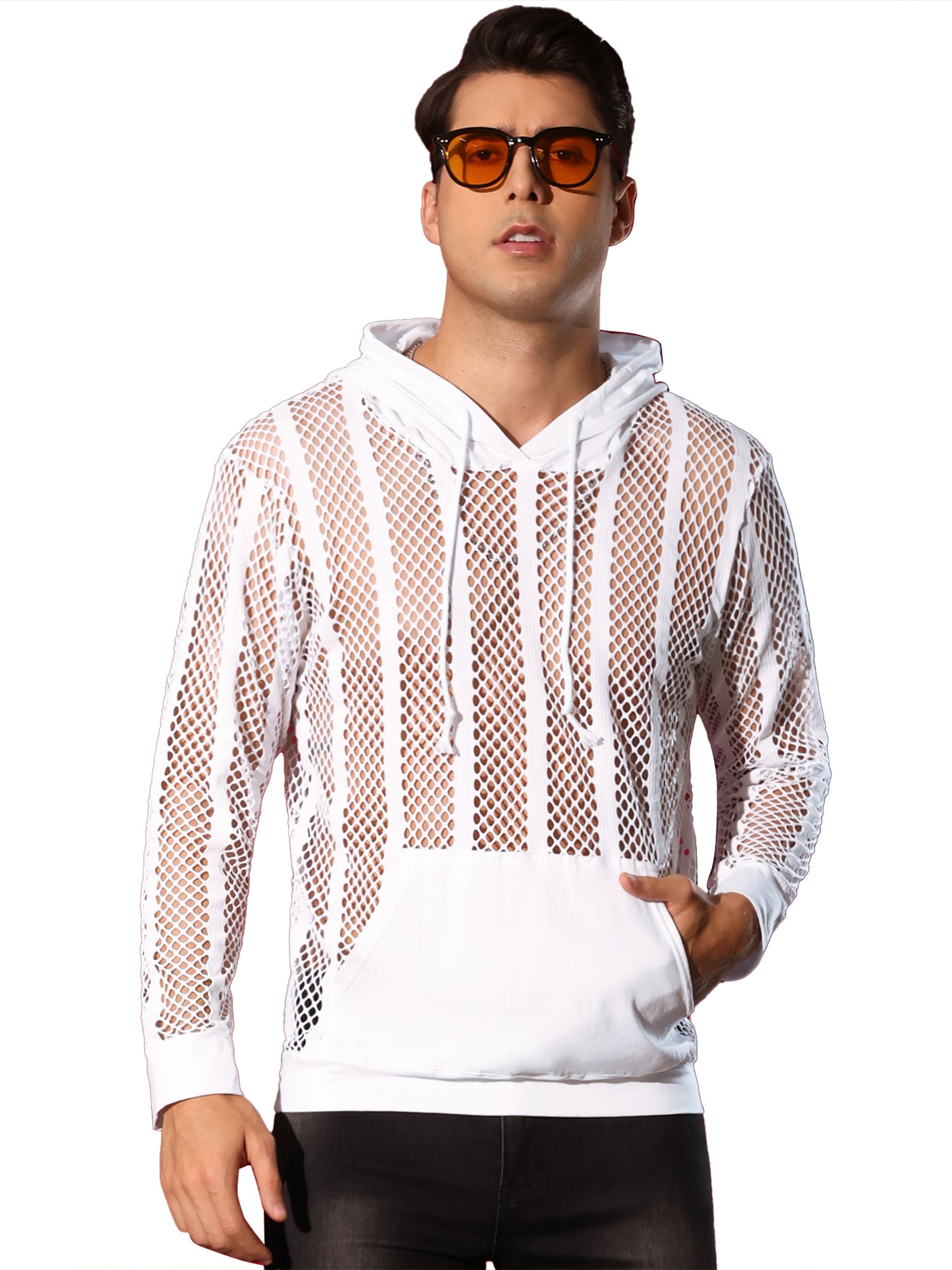 Bublédon Sheer Mesh Hoodies for Men's Long Sleeves See Through Striped Pullover Shirts