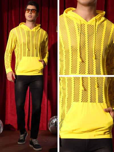 Sheer Mesh Hoodies for Men's Long Sleeves See Through Striped Pullover Shirts