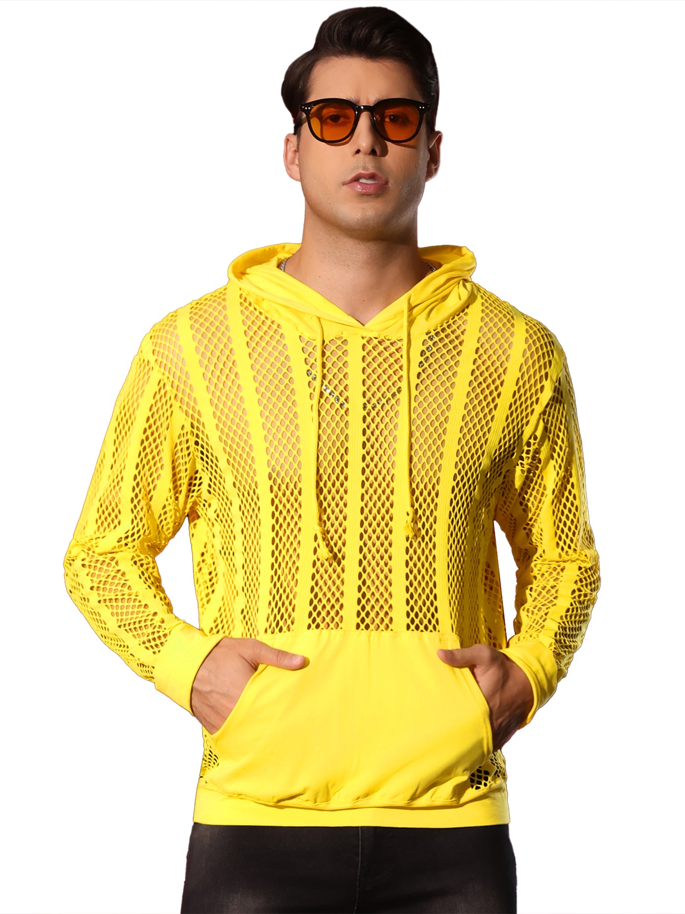 Bublédon Sheer Mesh Hoodies for Men's Long Sleeves See Through Striped Pullover Shirts