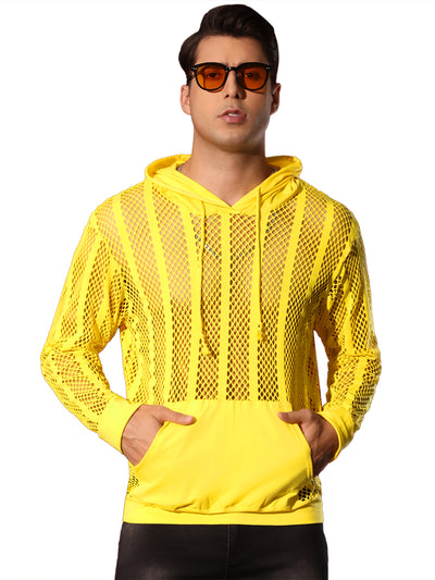 Sheer Mesh Hoodies for Men's Long Sleeves See Through Striped Pullover Shirts