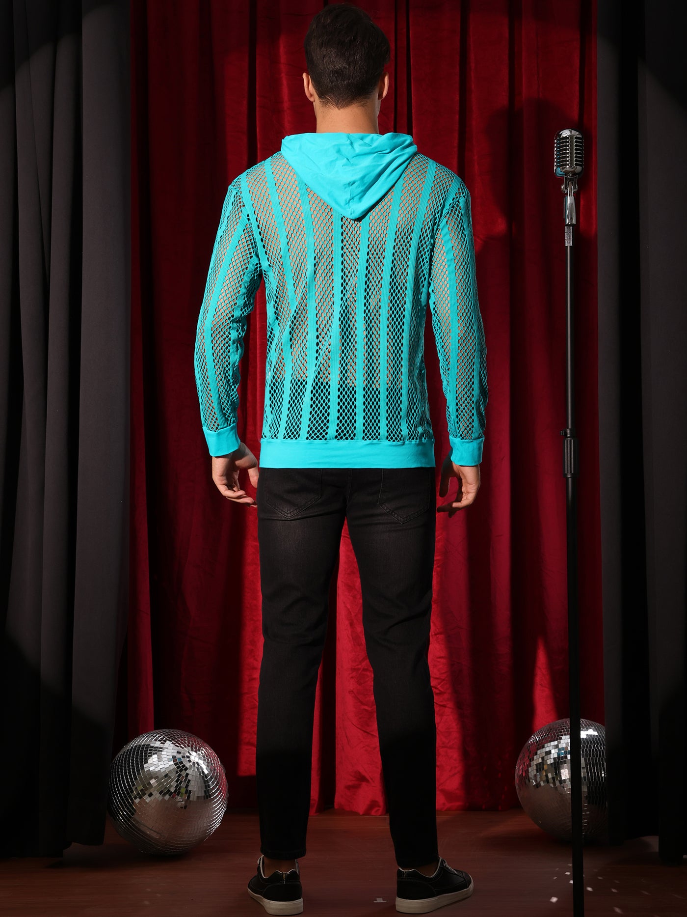 Bublédon Sheer Mesh Hoodies for Men's Long Sleeves See Through Striped Pullover Shirts