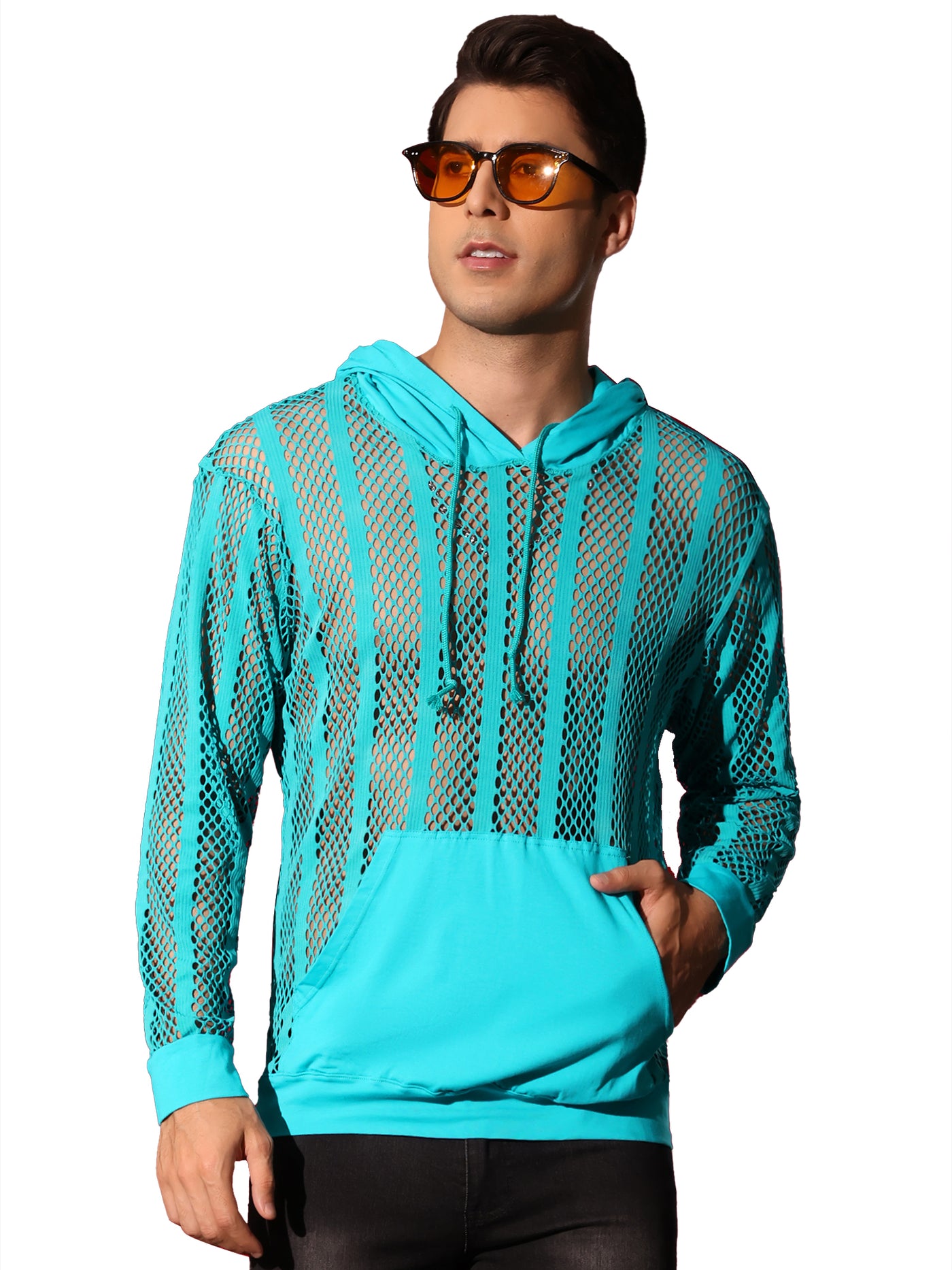 Bublédon Sheer Mesh Hoodies for Men's Long Sleeves See Through Striped Pullover Shirts