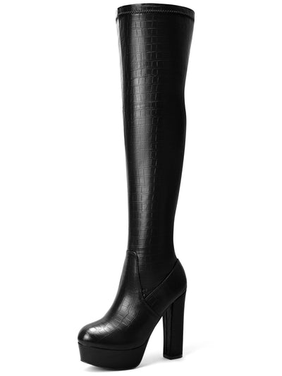 Bublédon Stone Pattern Platform Chunky Heels Over the Knee Boots for Women