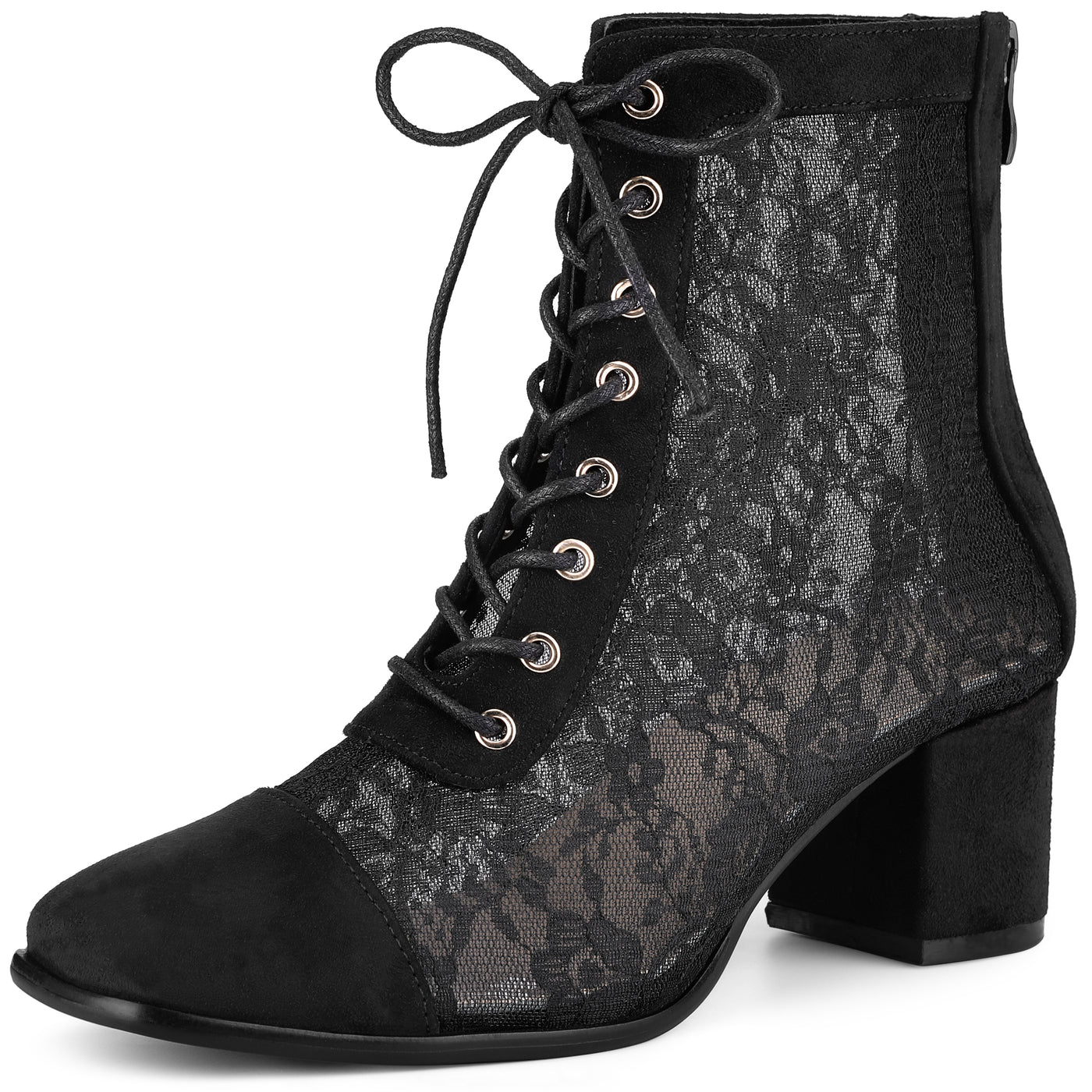 Bublédon Square Toe Lace-Up Flowers Lace Block Heels Ankle Boots for Women