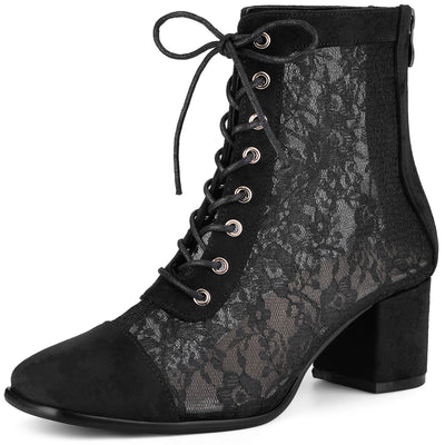 Square Toe Lace-Up Flowers Lace Block Heels Ankle Boots for Women