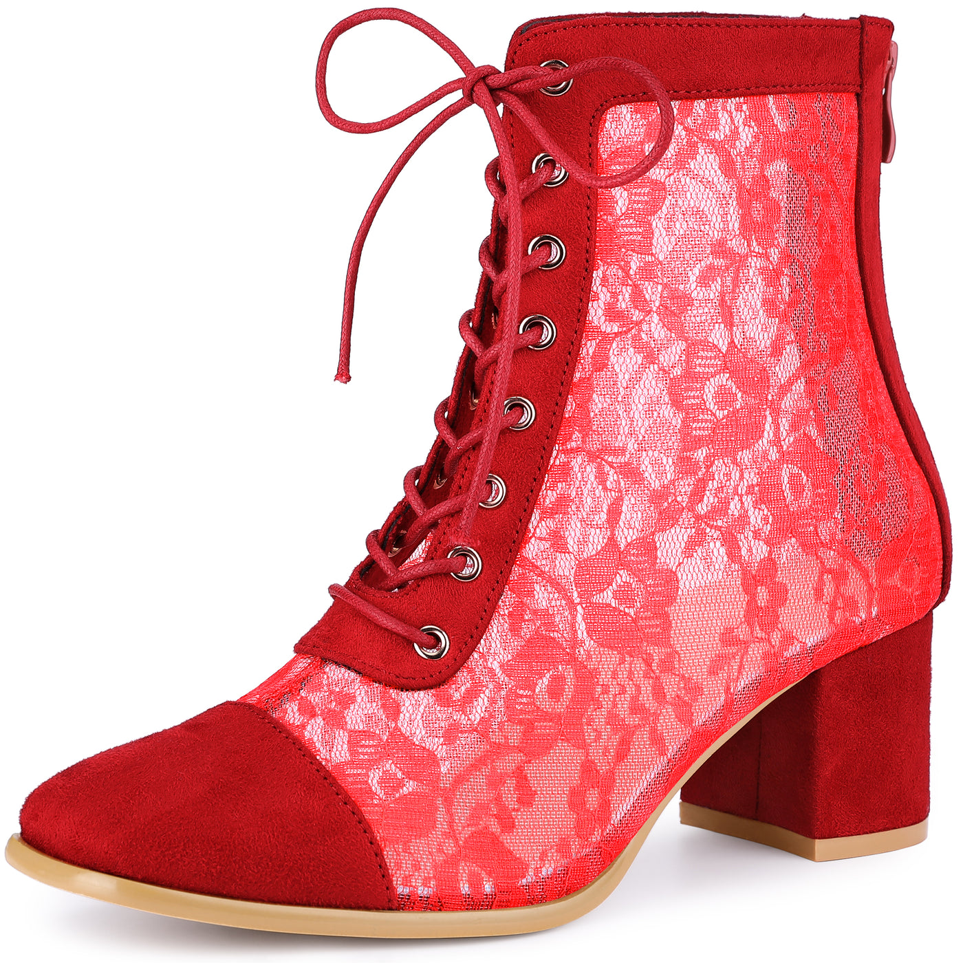 Bublédon Square Toe Lace-Up Flowers Lace Block Heels Ankle Boots for Women